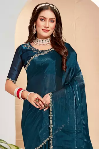 Embellished Chinon Chiffon Saree In Teal Blue With Matching Blouse Piece