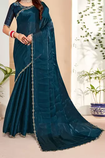 Embellished Chinon Chiffon Saree In Teal Blue With Matching Blouse Piece