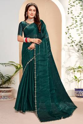 Embellished Chinon Chiffon Saree In Dark Green With Matching Blouse Piece 1