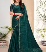 Embellished Chinon Chiffon Saree In Dark Green With Matching Blouse Piece