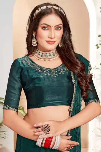 Embellished Chinon Chiffon Saree In Dark Green With Matching Blouse Piece