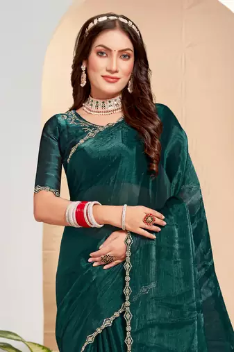 Embellished Chinon Chiffon Saree In Dark Green With Matching Blouse Piece