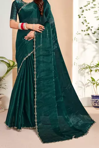 Embellished Chinon Chiffon Saree In Dark Green With Matching Blouse Piece