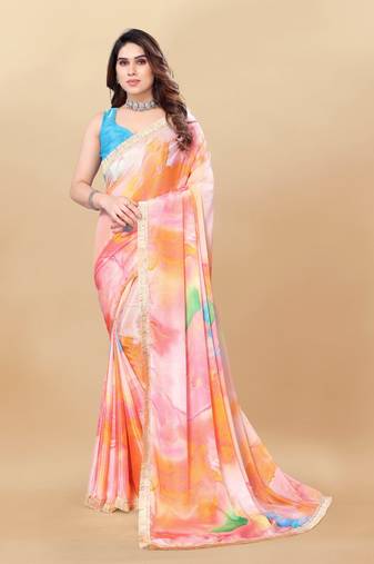 Orange naylon silk bland lace border printed work saree with Blouse
