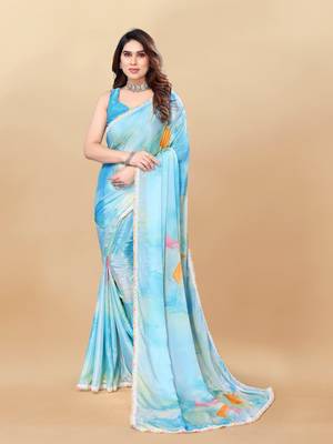 Sky Blue naylon silk bland lace border printed work saree with Blouse 1