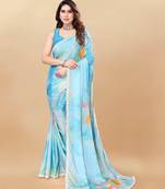 Sky Blue naylon silk bland lace border printed work saree with Blouse