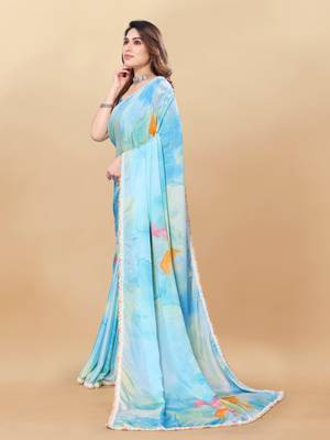 Sky Blue naylon silk bland lace border printed work saree with Blouse 2