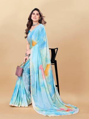Sky Blue naylon silk bland lace border printed work saree with Blouse 3