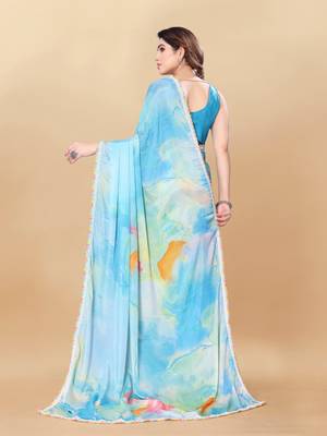 Sky Blue naylon silk bland lace border printed work saree with Blouse 4