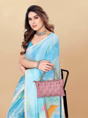 Sky Blue naylon silk bland lace border printed work saree with Blouse 5