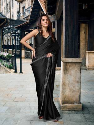 Black Swarovski Work Border Satin Silk Bollywood Saree 1