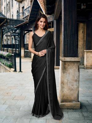 Black Swarovski Work Border Satin Silk Bollywood Saree 3