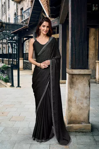 Trendmalls Black Swarovski Work Border Satin Silk Bollywood Saree