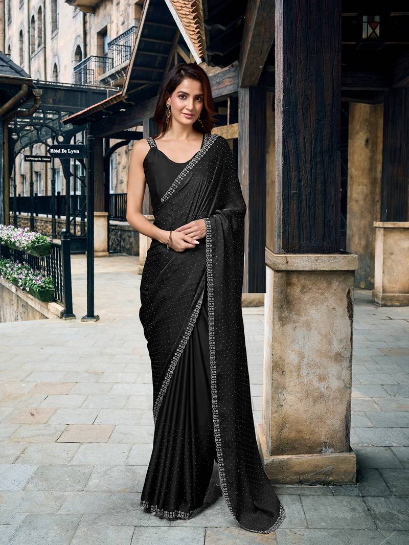 Black Swarovski Work Border Satin Silk Bollywood Saree