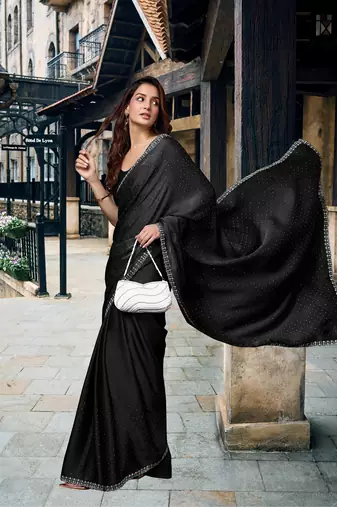 Trendmalls Black Swarovski Work Border Satin Silk Bollywood Saree