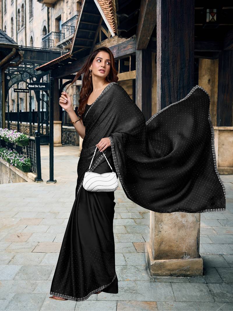 Black Swarovski Work Border Satin Silk Bollywood Saree