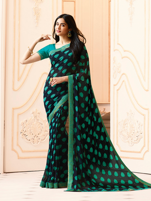 Blue Georgette Printed Saree Lace Border & Rich Pallu With Plain Blouse And Saree For Women  1
