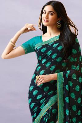 Blue Georgette Printed Saree Lace Border & Rich Pallu With Plain Blouse And Saree For Women  2
