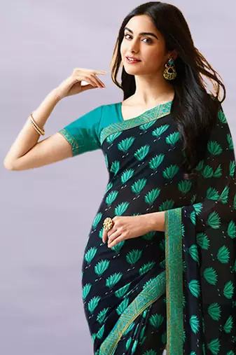 Blue Georgette Printed Saree Lace Border & Rich Pallu With Plain Blouse And Saree For Women 