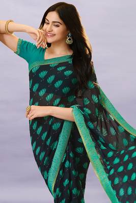 Blue Georgette Printed Saree Lace Border & Rich Pallu With Plain Blouse And Saree For Women  3