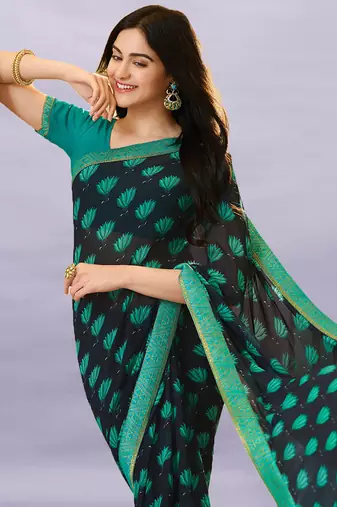 Blue Georgette Printed Saree Lace Border & Rich Pallu With Plain Blouse And Saree For Women 