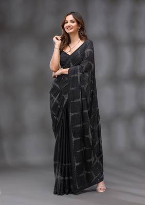 Black Silk Blend Swarovski Work Saree With Blouse Piece 1