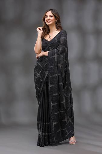 Black Silk Blend Swarovski Work Saree With Blouse Piece