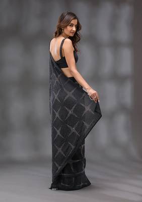 Black Silk Blend Swarovski Work Saree With Blouse Piece 2