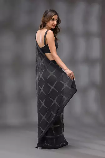 Trendmalls Black Silk Blend Swarovski Work Saree With Blouse Piece