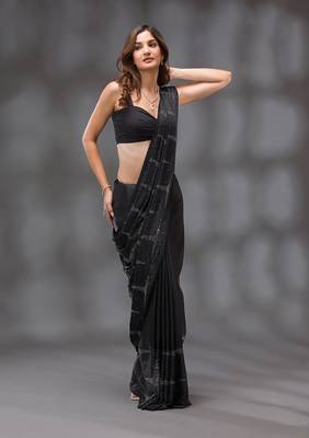 Black Silk Blend Swarovski Work Saree With Blouse Piece 3