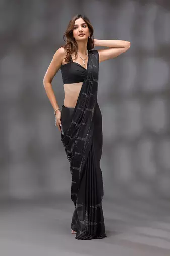 Trendmalls Black Silk Blend Swarovski Work Saree With Blouse Piece