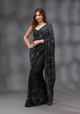 Black Silk Blend Swarovski Work Saree With Blouse Piece 4