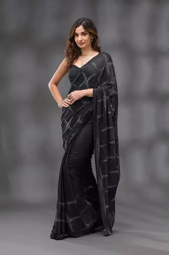 Trendmalls Black Silk Blend Swarovski Work Saree With Blouse Piece