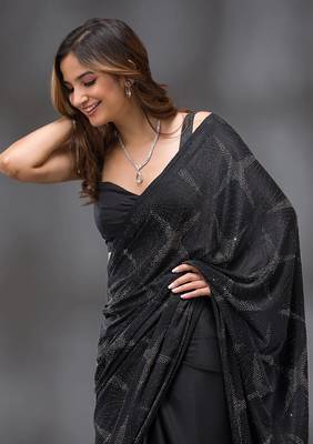 Black Silk Blend Swarovski Work Saree With Blouse Piece 5