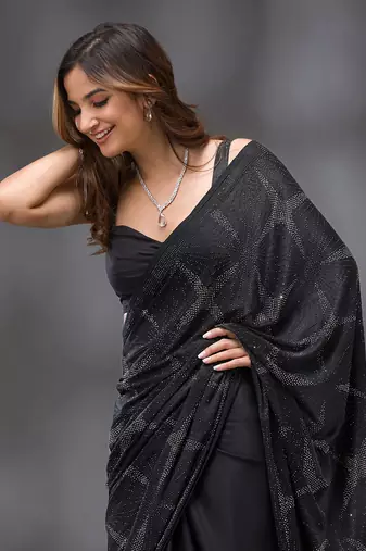 Trendmalls Black Silk Blend Swarovski Work Saree With Blouse Piece