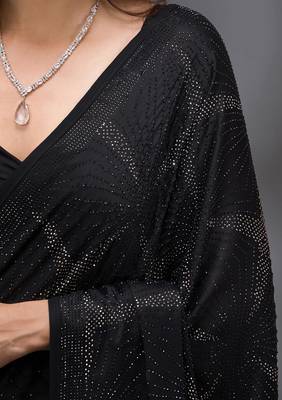 Black Silk Blend Swarovski Work Saree With Blouse Piece 6