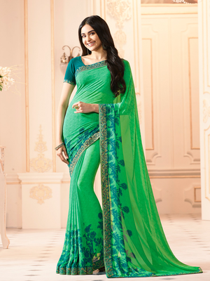 Green Georgette Printed Saree Lace Border & Rich Pallu With Plain Blouse And Saree For Women  1