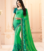 Green Georgette Printed Saree Lace Border & Rich Pallu With Plain Blouse And Saree For Women 