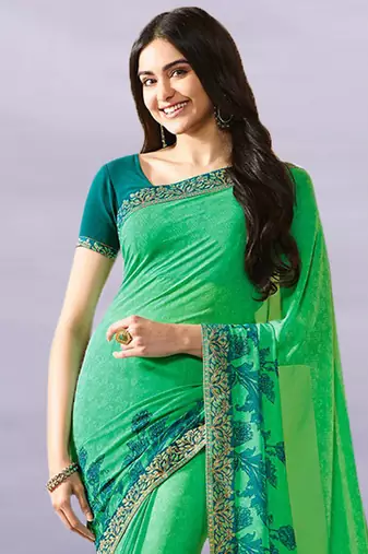 Green Georgette Printed Saree Lace Border & Rich Pallu With Plain Blouse And Saree For Women 
