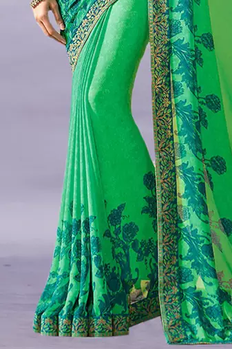 Green Georgette Printed Saree Lace Border & Rich Pallu With Plain Blouse And Saree For Women 