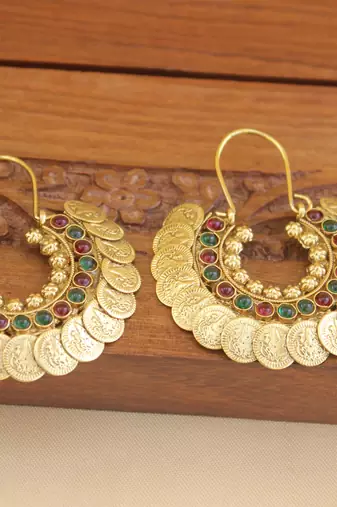 Designer gold plated temple coin earrings