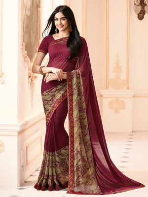 Marron Georgette Printed Saree Lace Border & Rich Pallu With Plain Blouse And Saree For Women  1