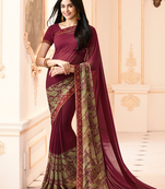 Marron Georgette Printed Saree Lace Border & Rich Pallu With Plain Blouse And Saree For Women 