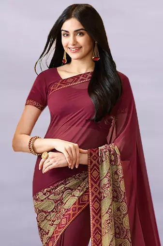Marron Georgette Printed Saree Lace Border & Rich Pallu With Plain Blouse And Saree For Women 