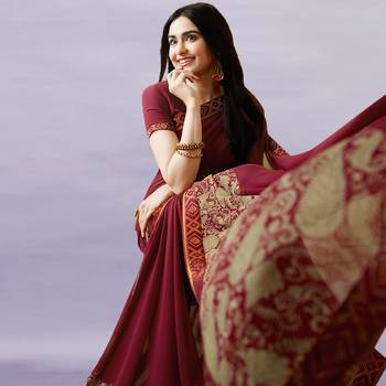 Marron Georgette Printed Saree Lace Border & Rich Pallu With Plain Blouse And Saree For Women  3