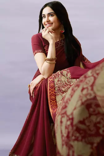 Marron Georgette Printed Saree Lace Border & Rich Pallu With Plain Blouse And Saree For Women 