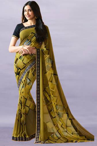 Mehandi Georgette Printed Saree Lace Border & Rich Pallu With Plain Blouse And Saree For Women 