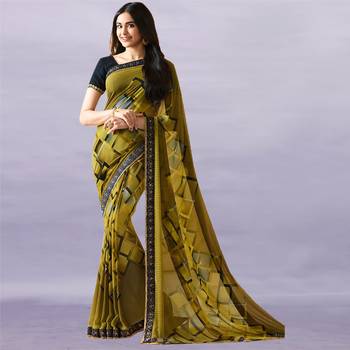 Mehandi Georgette Printed Saree Lace Border & Rich Pallu With Plain Blouse And Saree For Women  2