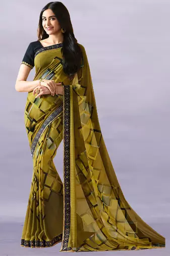 Mehandi Georgette Printed Saree Lace Border & Rich Pallu With Plain Blouse And Saree For Women 