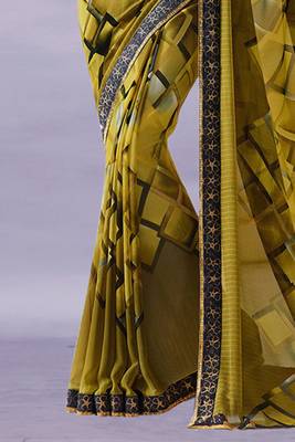 Mehandi Georgette Printed Saree Lace Border & Rich Pallu With Plain Blouse And Saree For Women  3
